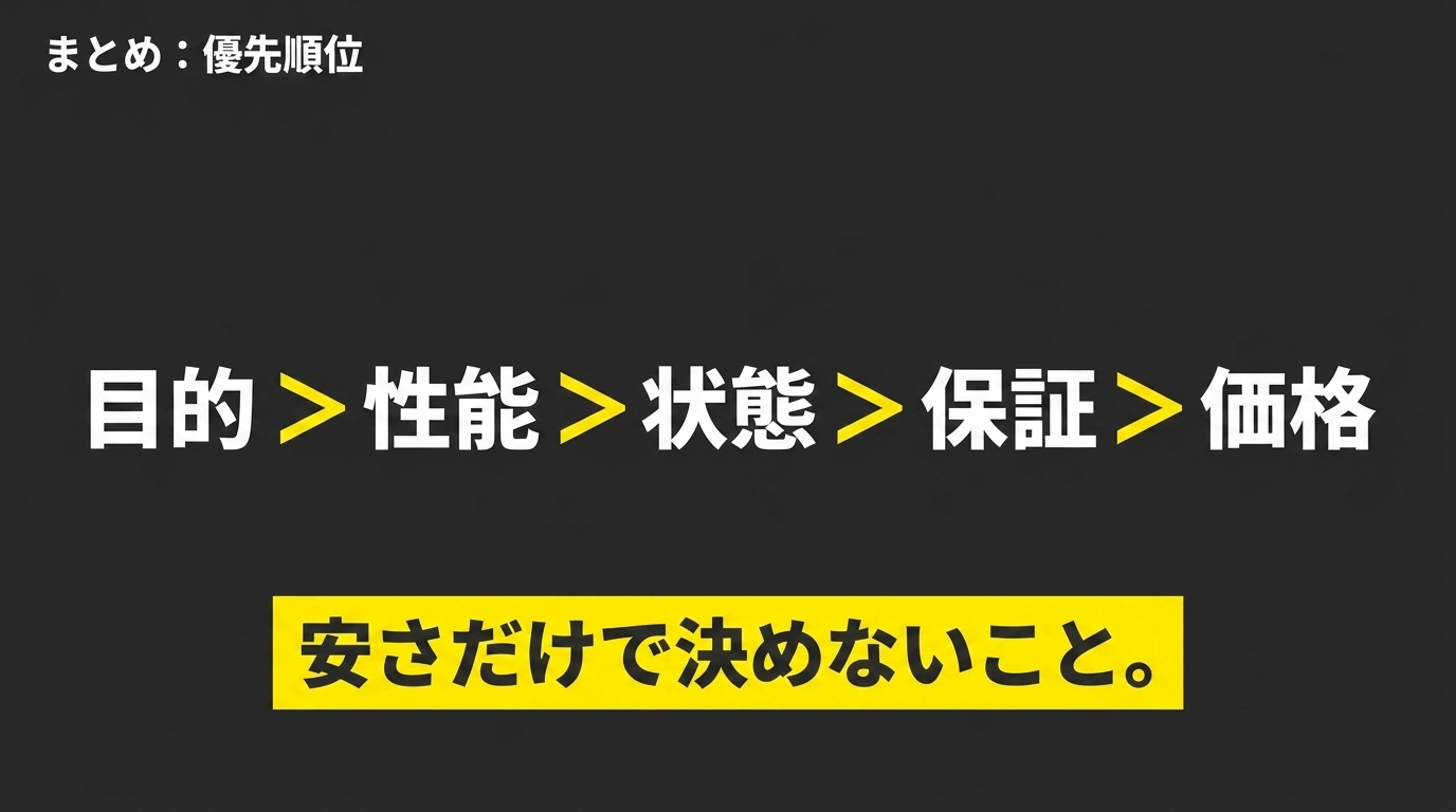 中古ノート選びの優先順位|目的>性能>状態>保証>価格 目的・性能・状態・保証・価格の順で選び、安さだけで決めないことを示すまとめスライド