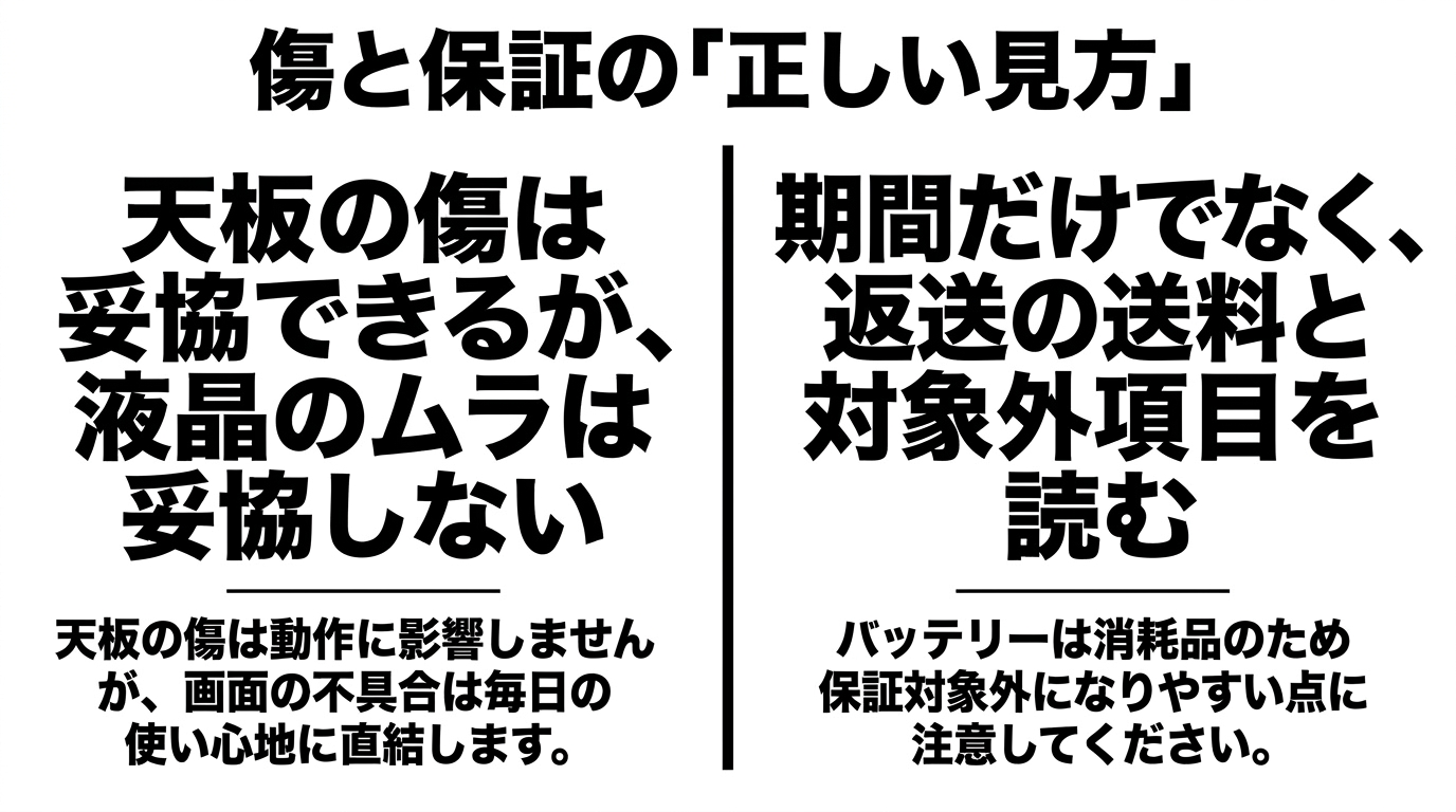 天板の傷と保証の正しい見方 天板の傷は妥協できても液晶のムラは妥協せず、保証は期間だけでなく返送送料と対象外項目を読むことを示す解説スライド