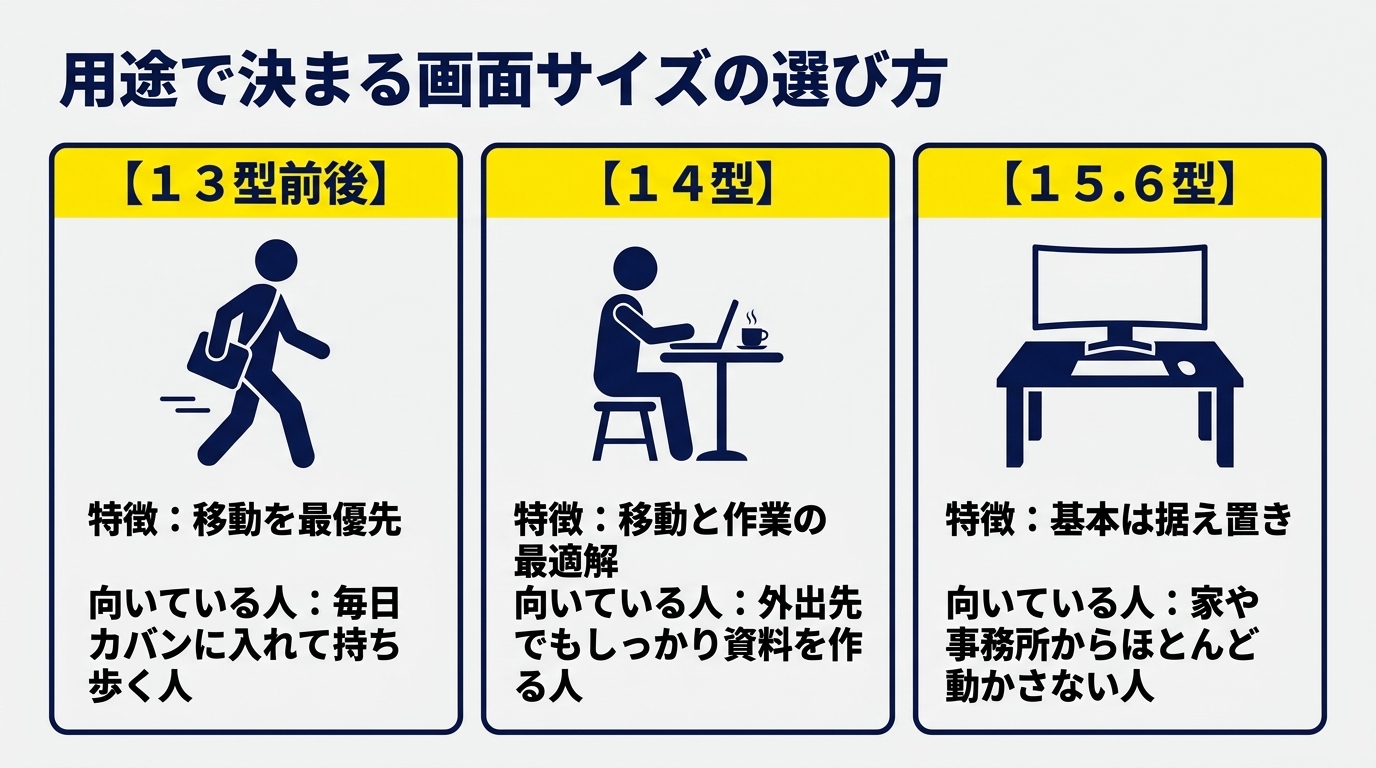 13型は移動優先、14型は移動と作業の両立、15.6型は据え置き向けと示す画面サイズ比較