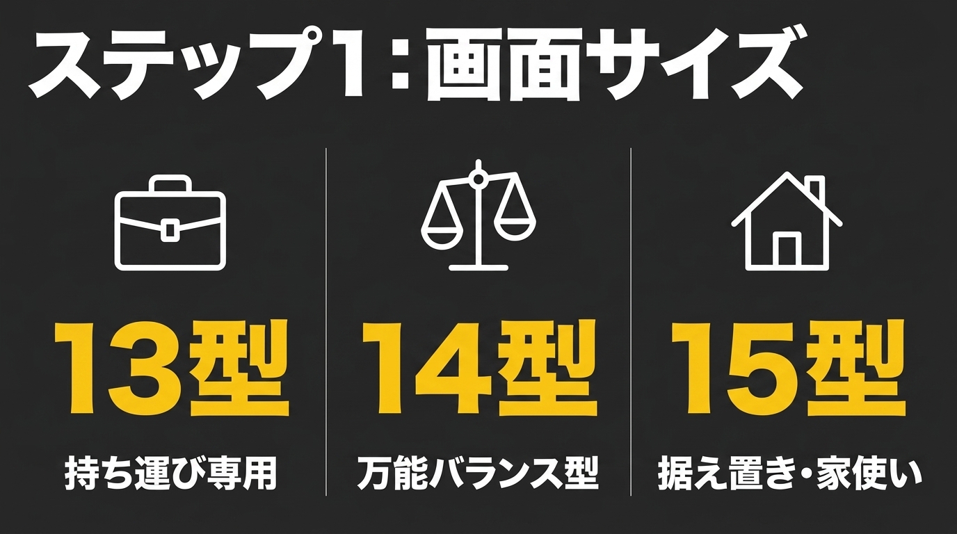 中古ノートの画面サイズ|13型・14型・15型の用途分け 13型は持ち運び、14型は万能バランス、15型は据え置き・家使いと示す画面サイズ選びのスライド