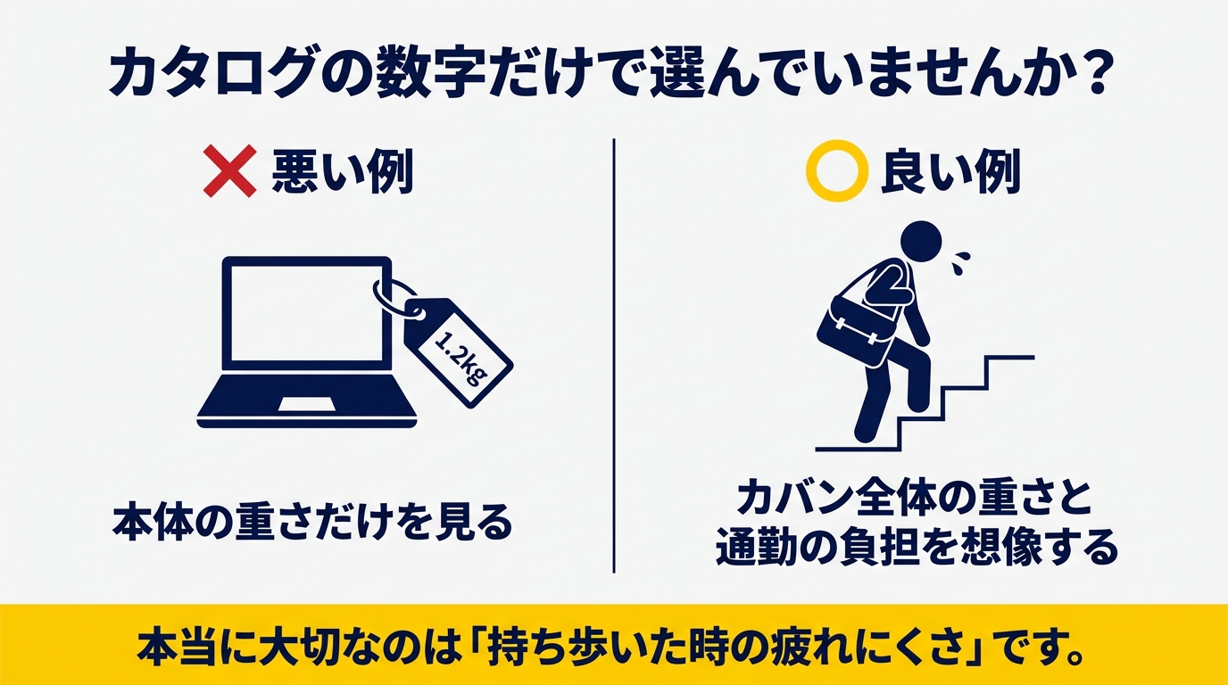 本体重量だけ見る悪い例と、カバン全体の重さと通勤負担を想像する良い例の比較スライド