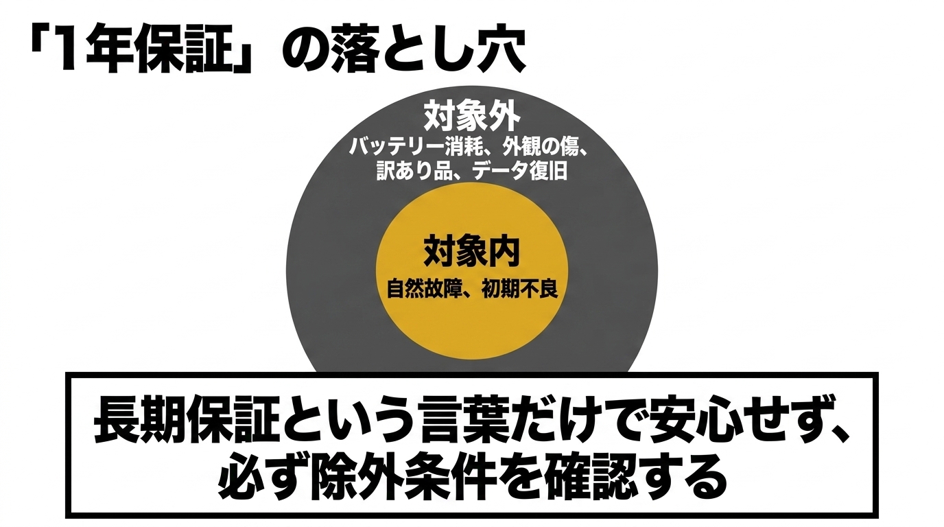 1年保証でもバッテリー消耗・外観の傷・訳あり品・データ復旧は対象外になりやすく除外条件確認が必要であることを示す図解