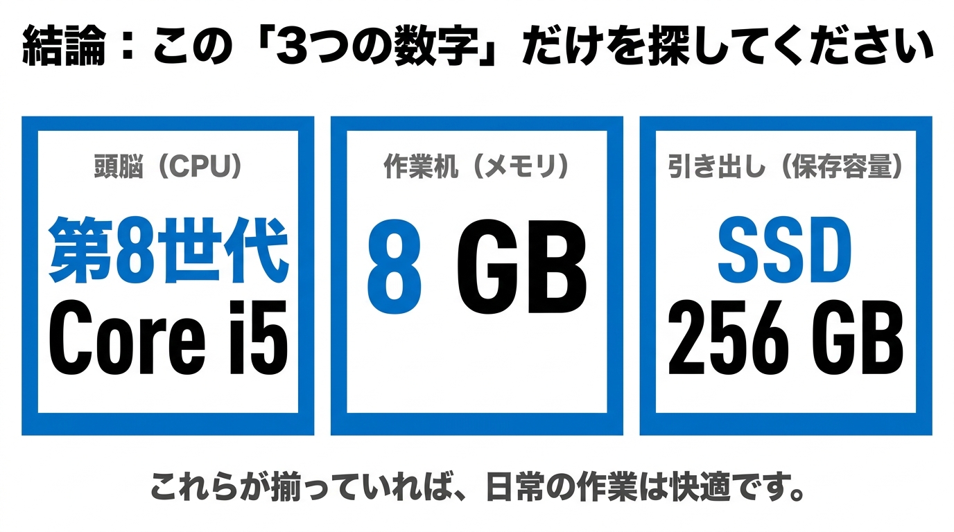 第8世代Core i5、メモリ8GB、SSD256GBの3つを探せば日常作業が快適になると示す結論スライド
