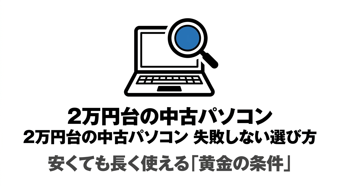 2万円台の中古パソコンで失敗しない選び方と、安くても長く使える黄金の条件を示す表紙