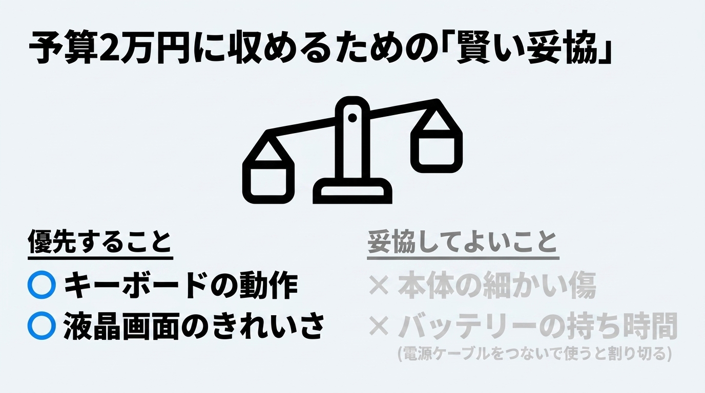 キーボードと液晶は優先し、本体の細かい傷やバッテリー持ちは妥協してよいとする比較スライド