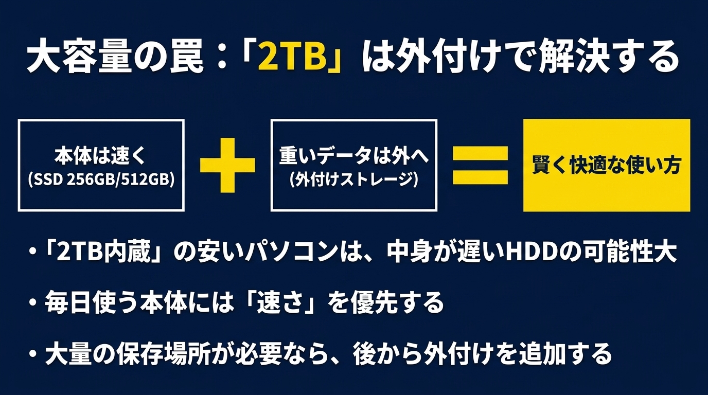 本体はSSD256または512で速くし重いデータは外付けにする賢い使い方の図