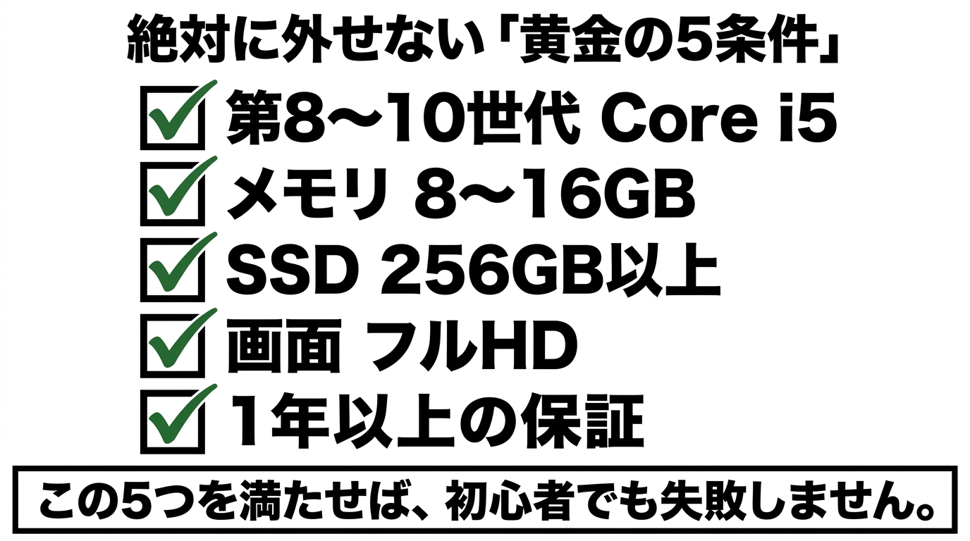 3万円台中古PC選びの黄金の5条件 第8〜10世代Core i5・メモリ8〜16GB・SSD256GB以上・フルHD・1年以上の保証という絶対に外せない5条件のチェックリスト