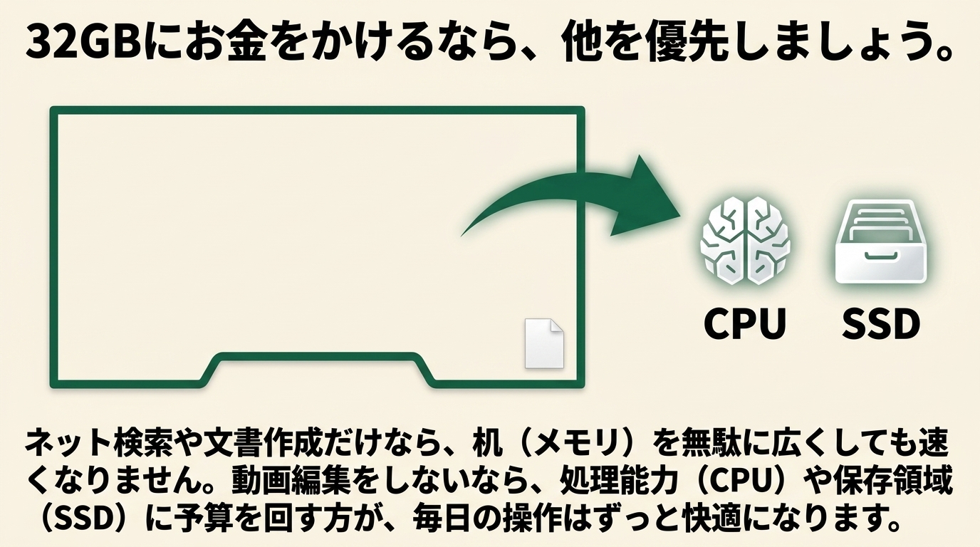 32GBよりCPUやSSDへ予算を回す判断 軽い用途なら32GBよりCPUとSSDを優先したほうが快適になると示す図解