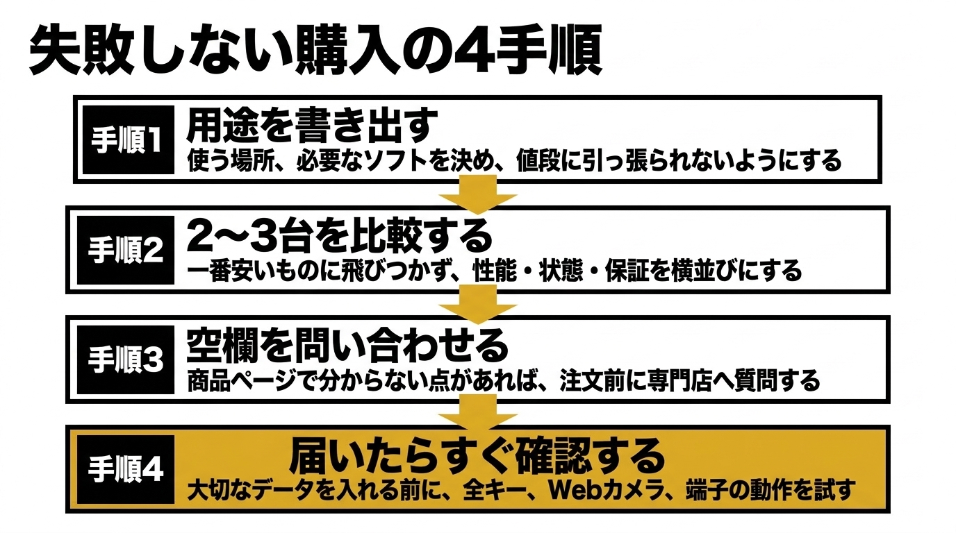 用途の書き出し・2〜3台比較・不明点の問い合わせ・到着後すぐ全キーやカメラ端子を確認するという購入4手順