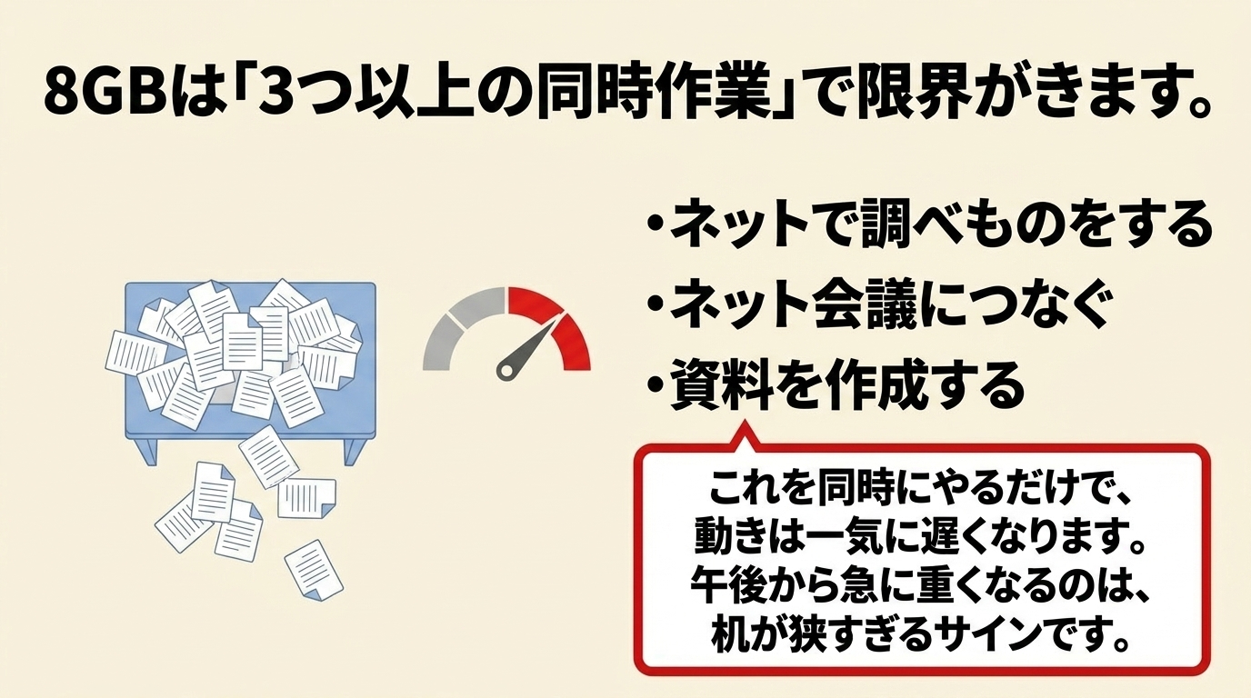 8GBは3つ以上の同時作業で限界がくる 調べもの・ネット会議・資料作成を同時にすると8GBでは重くなると示す図