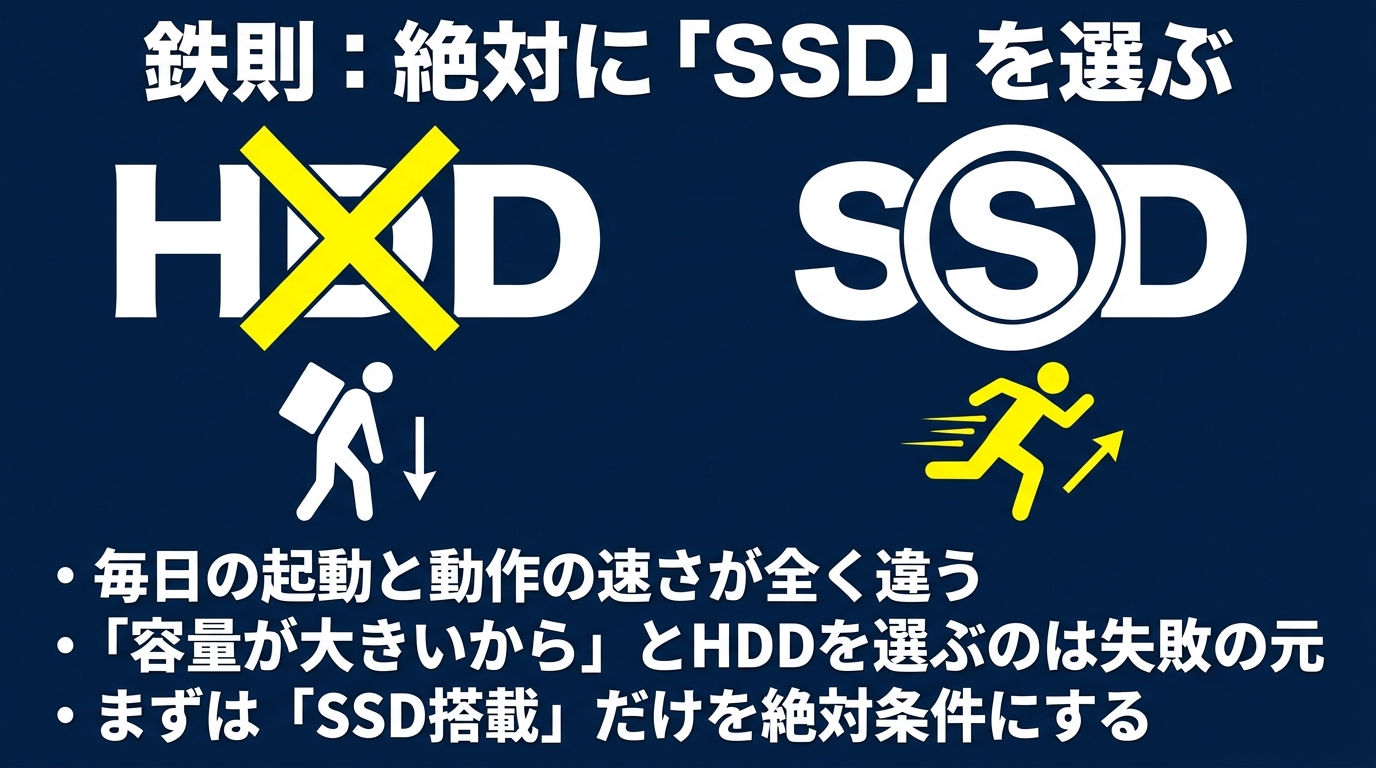 HDDは重く遅くSSDは速いと示し、SSD搭載を絶対条件にする鉄則スライド