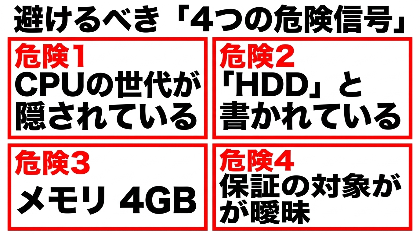 中古PC購入で避けるべき4つの危険信号 CPU世代隠し・HDD表記・メモリ4GB・保証対象が曖昧という4つの危険信号を示す注意喚起スライド