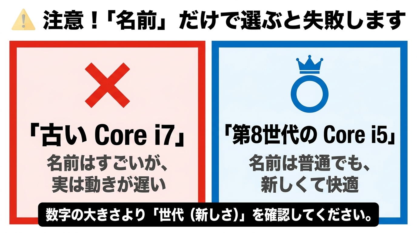 名前だけで選ぶと失敗し、古いCore i7より第8世代Core i5の方が快適だと示す比較スライド