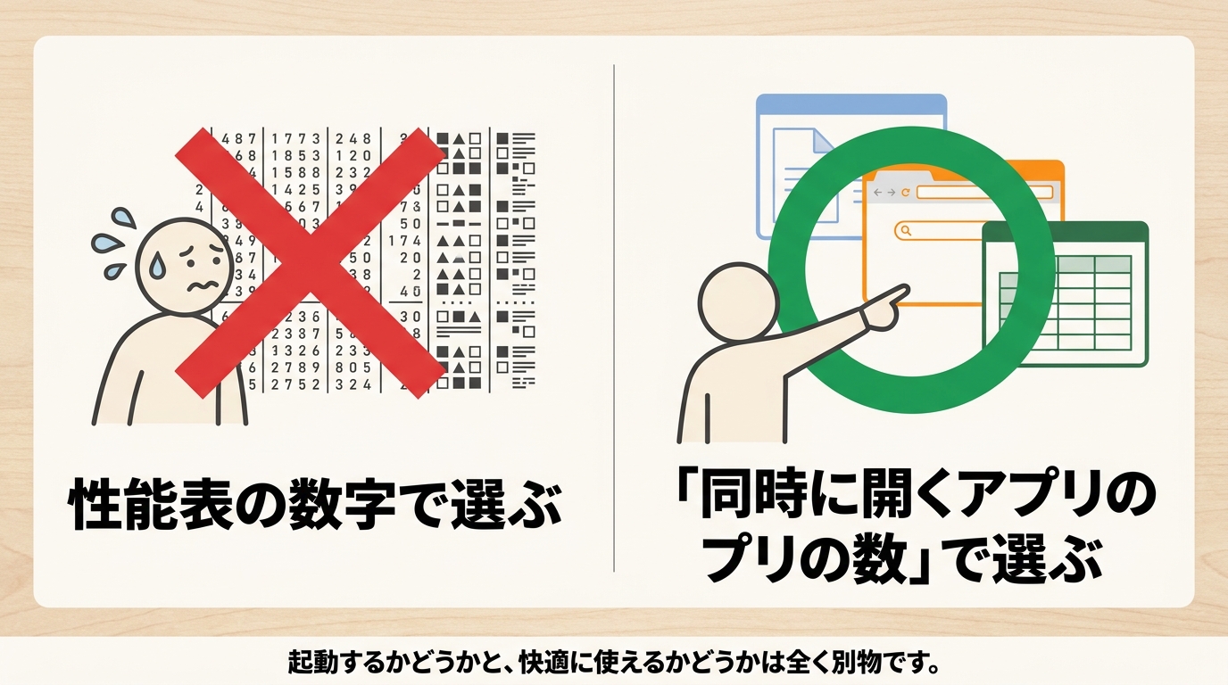 性能表の数字ではなく同時に開くアプリ数で選ぶ 性能表の数字だけで選ぶ悪い例と、同時に開くアプリの数で選ぶ良い例の比較