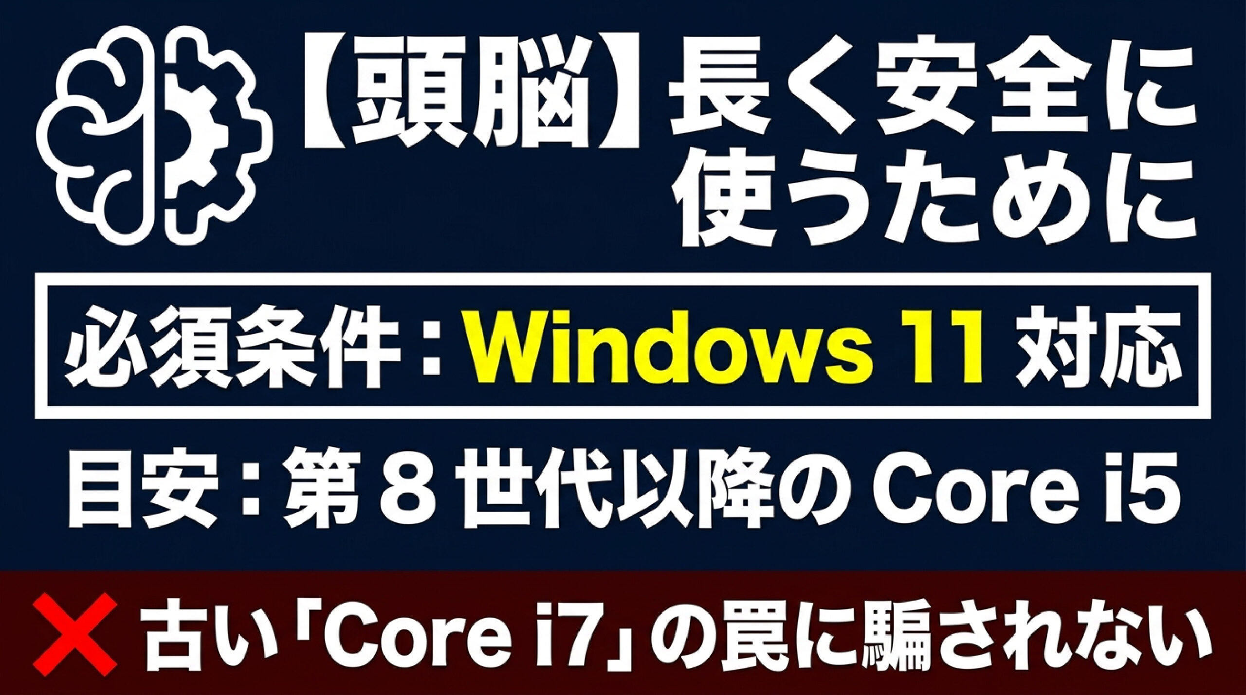 中古パソコンのCPU選びと第8世代Core i5必須条件 Windows11対応と第8世代以降のCore i5推奨条件を解説したスライド画像