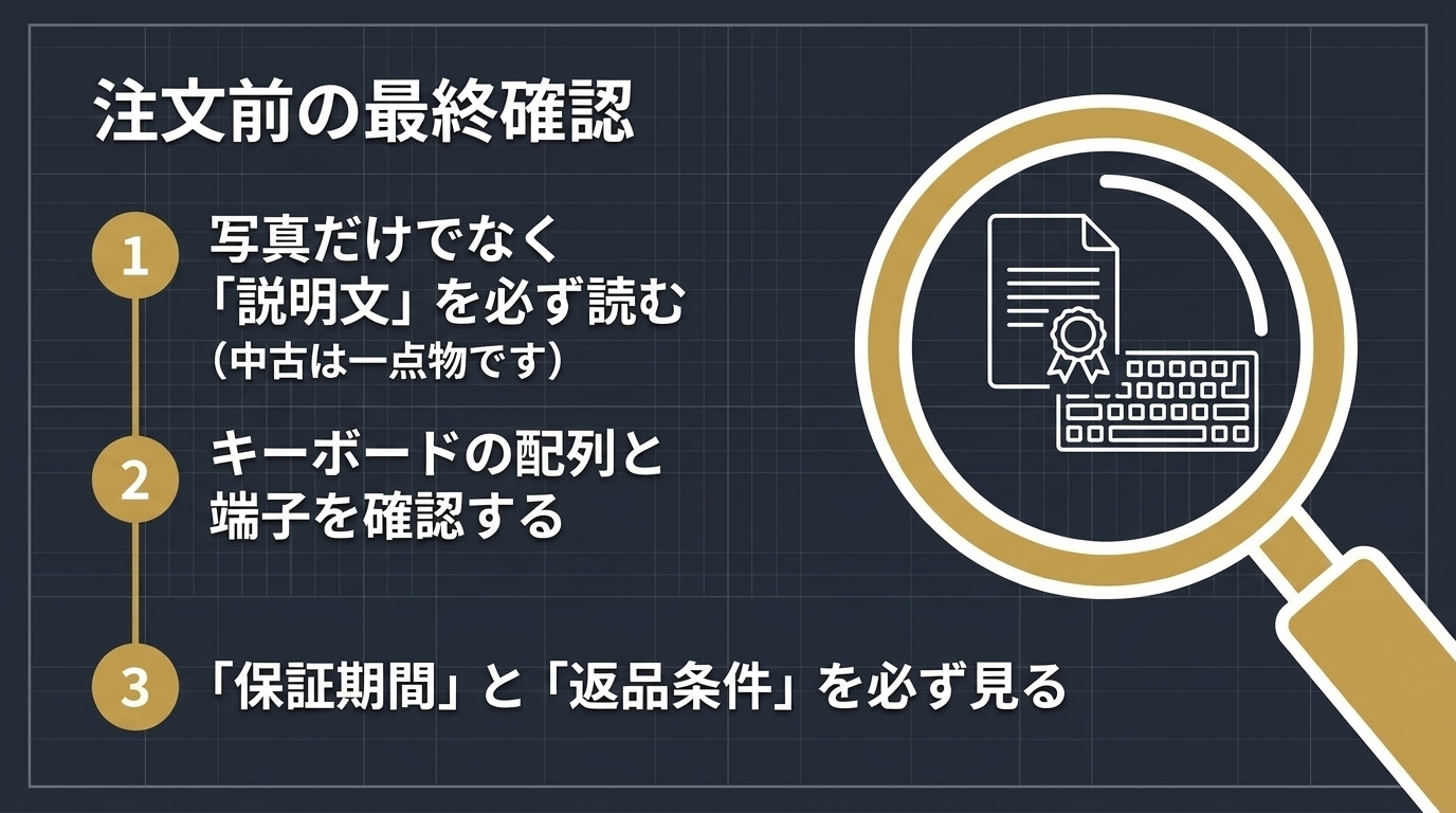 注文前に説明文を読む・キーボードと端子を確認する・保証期間と返品条件を見るという最終確認3点を示すスライド