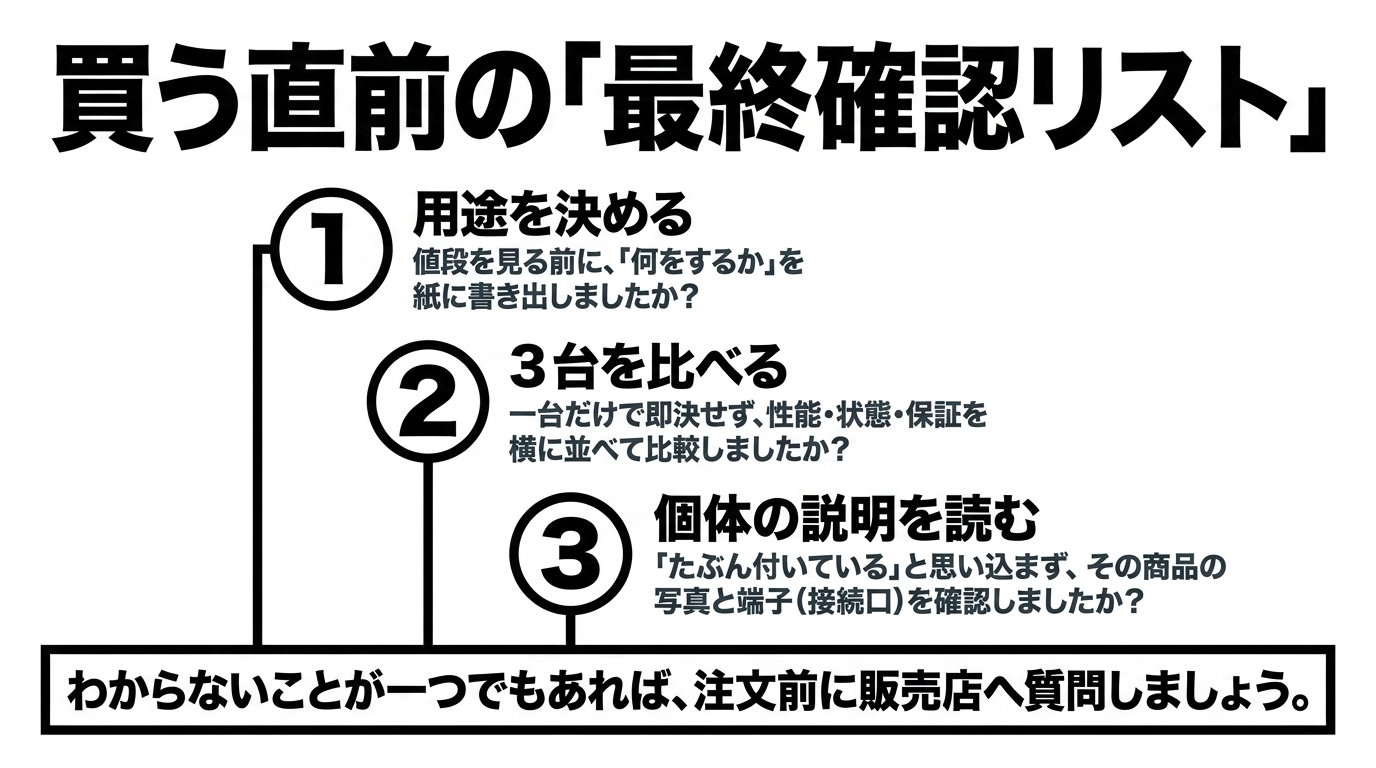 中古PCを買う直前の最終確認リスト 用途を決める・3台を比べる・個体の説明を読むという購入直前の最終確認3点と、不明点は注文前に質問することを促すチェックリスト