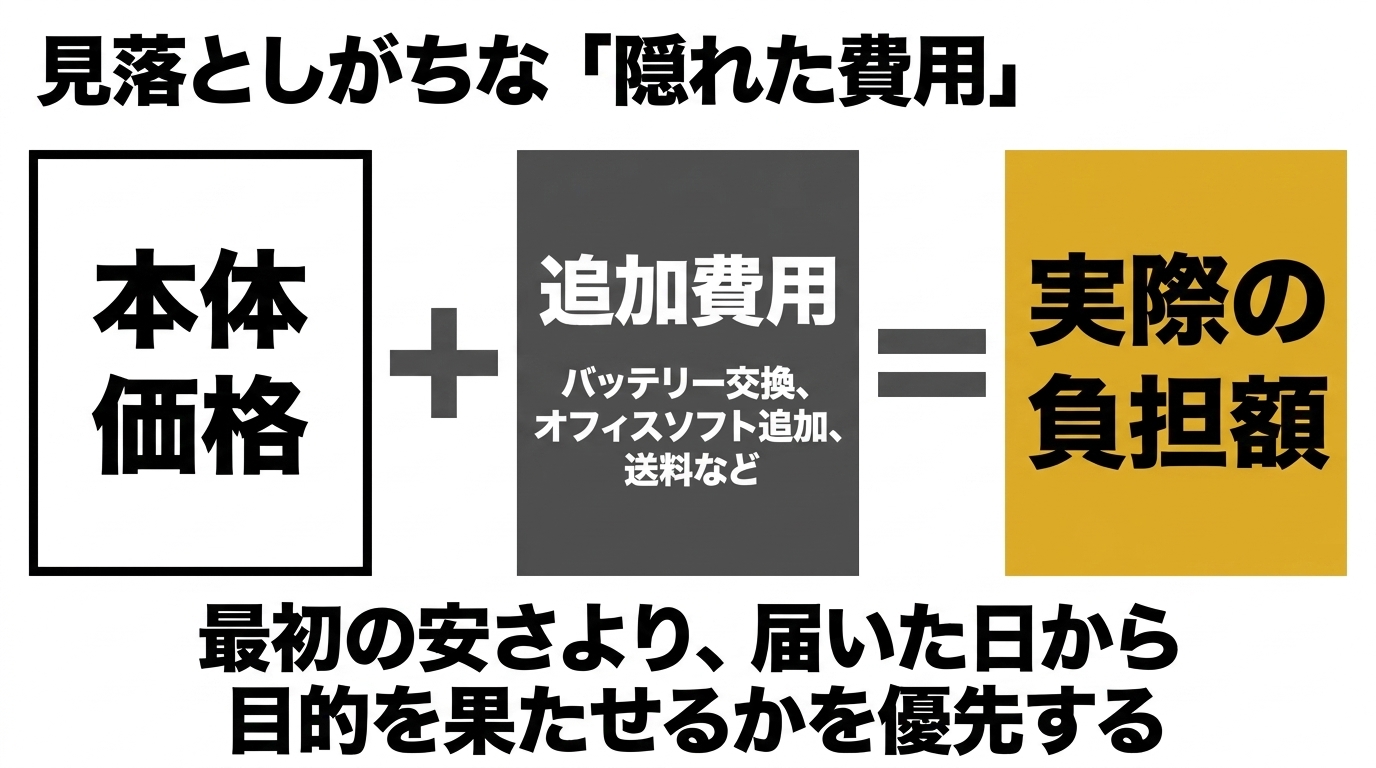 本体価格にバッテリー交換・Office・送料などの追加費用を足した実際の負担額で考えることを示す図解