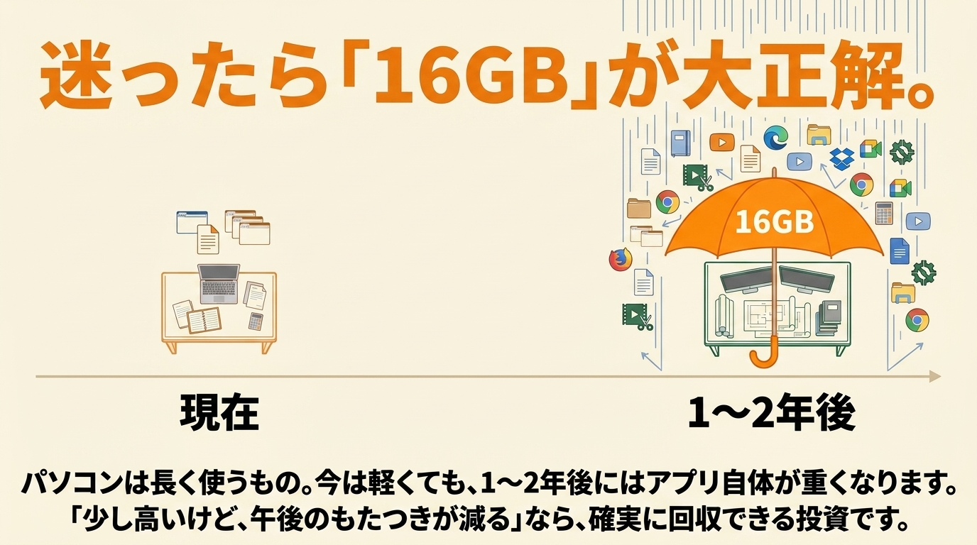 迷ったら16GBが大正解|1〜2年後も快適に アプリが増える1〜2年後に備えて16GBを選ぶ理由を示す図解