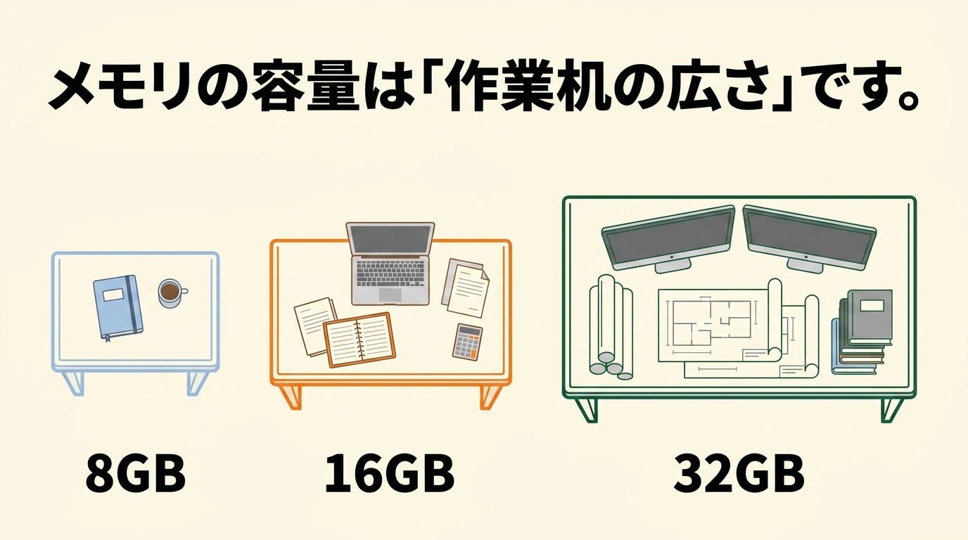 メモリ容量は作業机の広さ|8・16・32GB 8GB・16GB・32GBのメモリを作業机の広さに例えて比較する図解