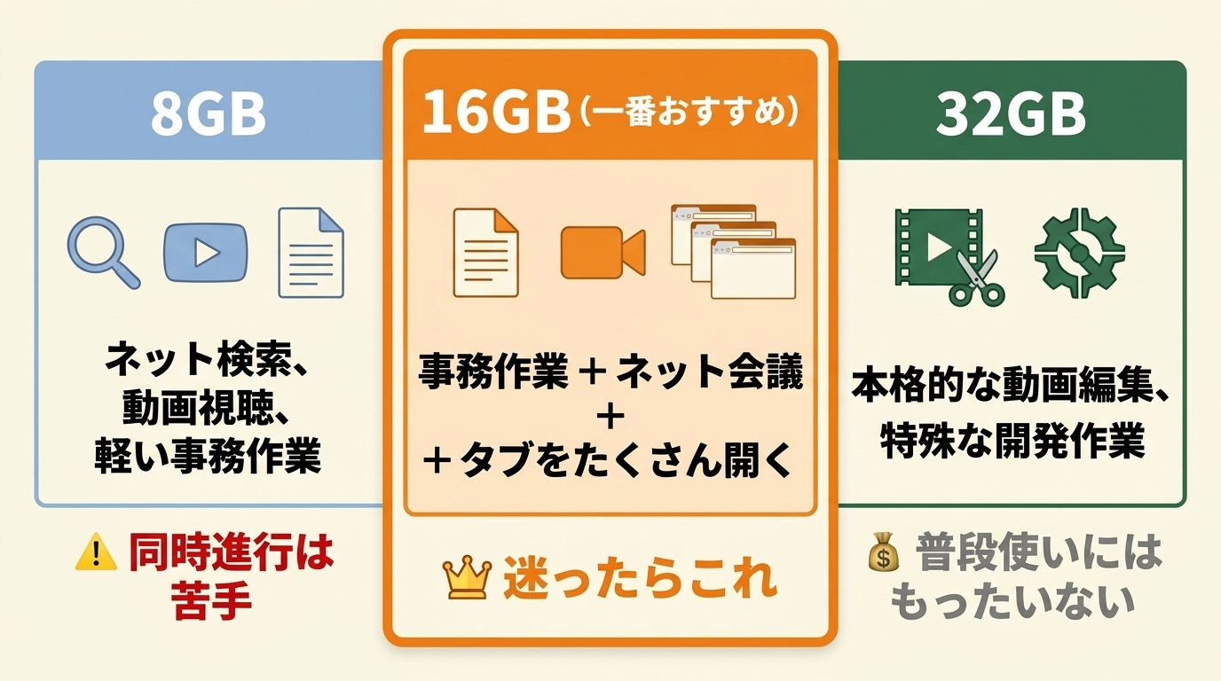 8・16・32GBの用途別比較|迷ったら16GB 8GBは軽い作業、16GBは事務と会議、32GBは動画編集向けと示す用途比較