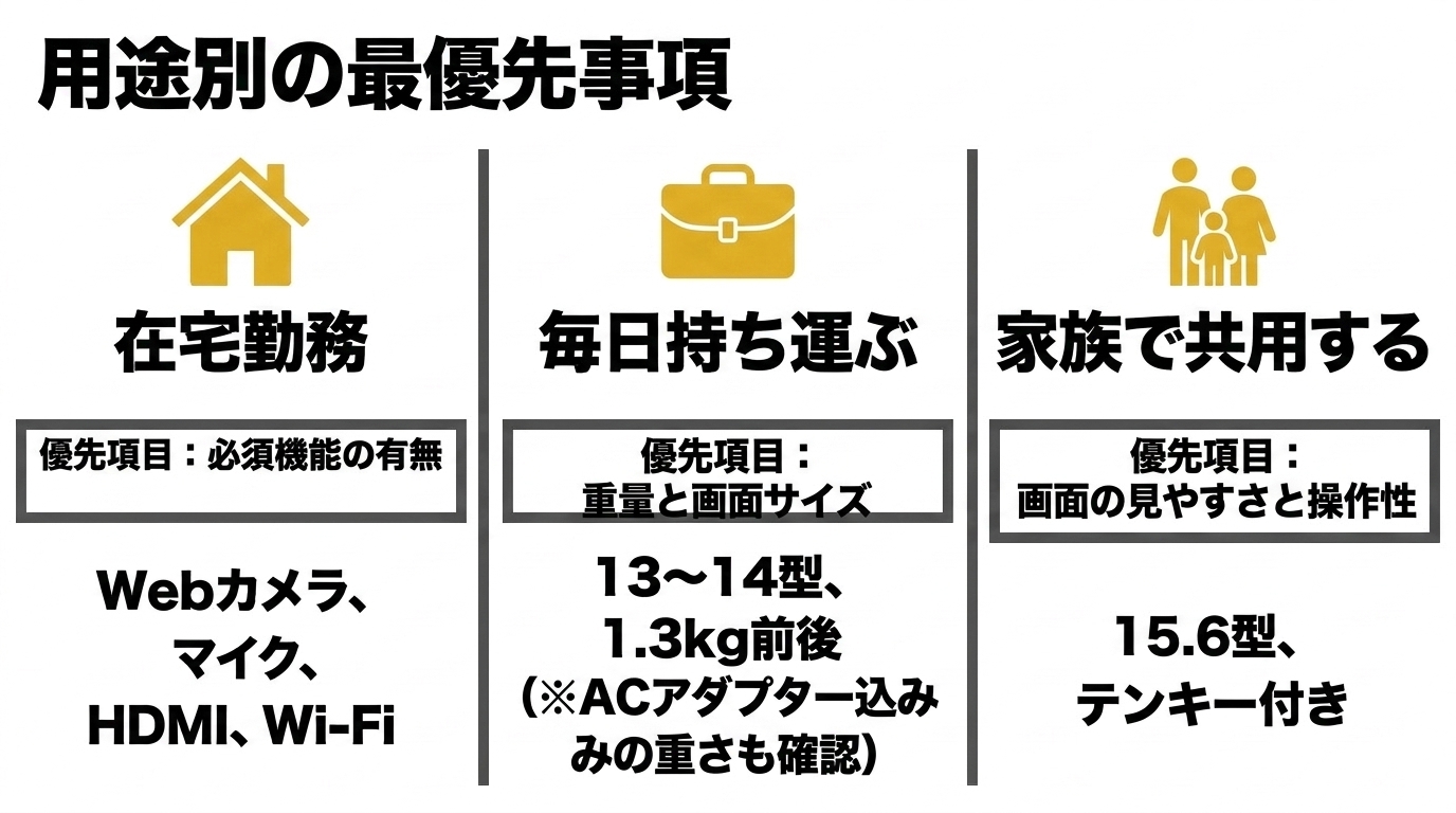 在宅勤務はカメラや端子、毎日持ち運びは重量と画面サイズ、家族共用は大画面とテンキーを優先することを示す図解