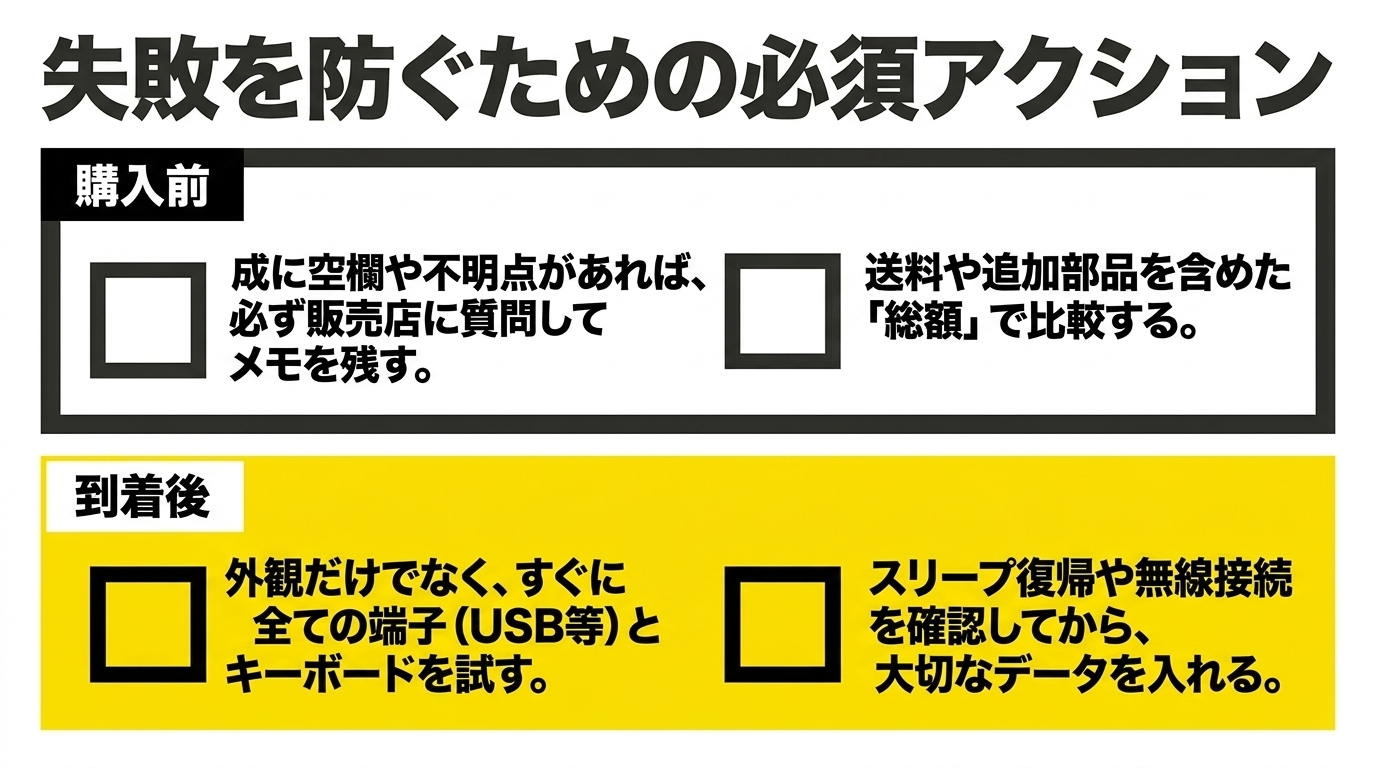 失敗を防ぐ購入前・到着後の必須チェックリスト 購入前は販売店への質問と総額比較、到着後は端子・キーボード・スリープ復帰・無線確認後にデータを入れるという必須アクションのチェックリスト