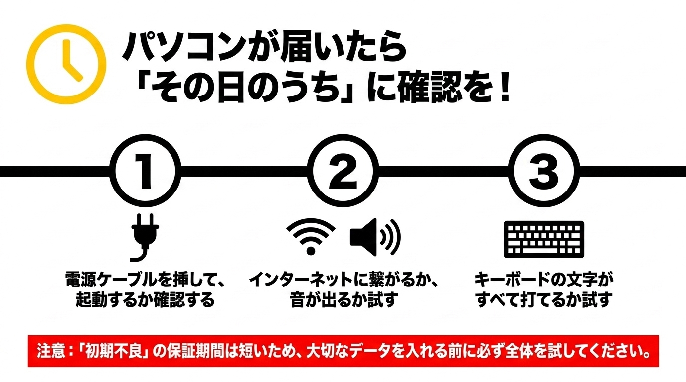 起動・ネット接続・音・キーボードを届いた日に試し、初期不良保証が短い点に注意するチェックリスト