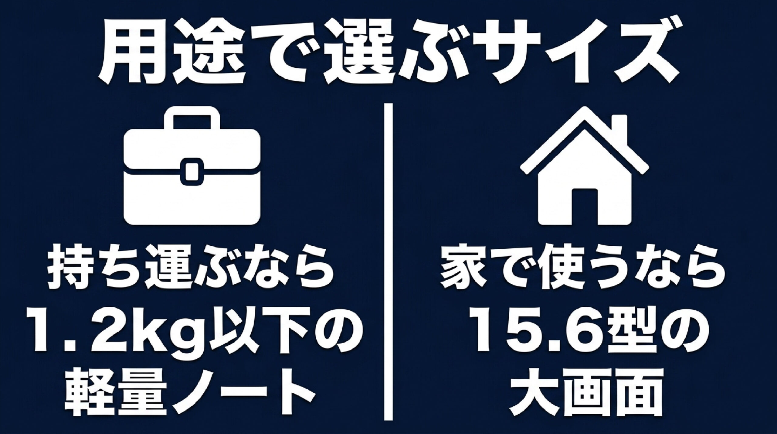 用途で選ぶ中古パソコンの画面サイズと重量 持ち運び用1.2kg以下軽量ノートと自宅用15.6型大画面の比較スライド画像