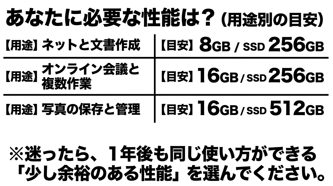 用途別の必要メモリとSSD容量の目安 ネットと文書は8GB/256GB、オンライン会議と複数作業は16GB/256GB、写真管理は16GB/512GBという用途別スペック目安の表