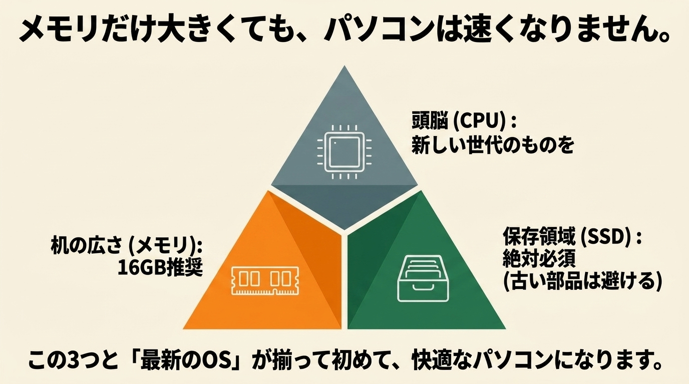 メモリだけでは速くならない|CPU・SSD・OSも必要 快適なPCには新しい世代のCPU・16GBメモリ・SSD・最新OSが揃う必要があると示す図