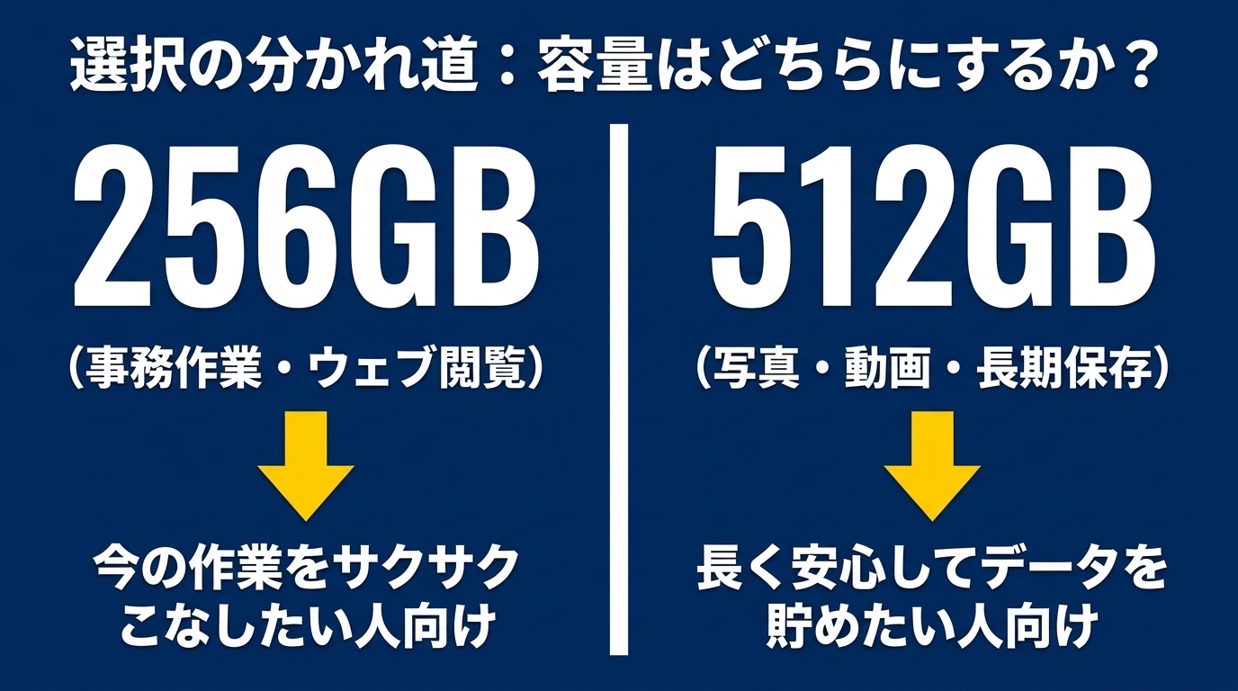事務やWebは256GB、写真動画の長期保存は512GBと示す容量比較