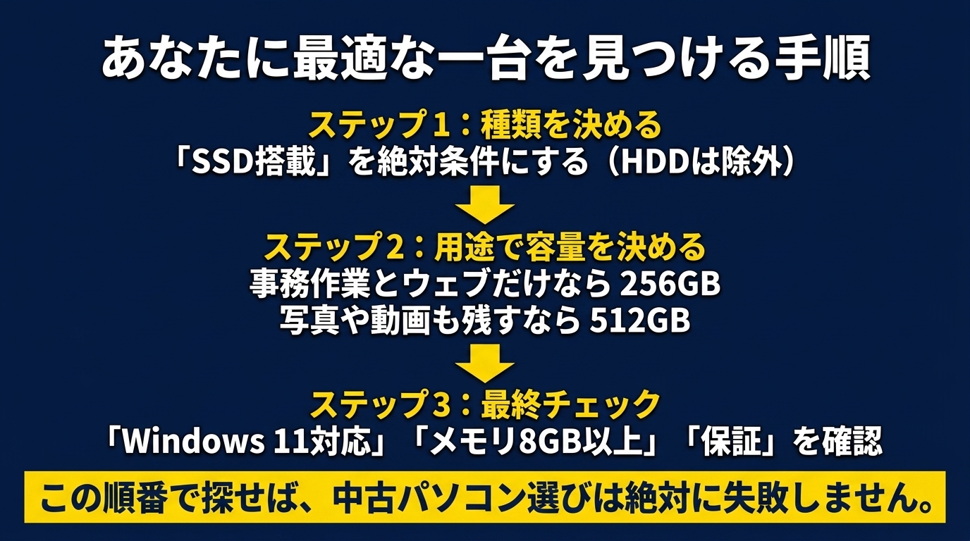 SSD必須・用途で256か512・Win11とメモリと保証を確認する最終手順