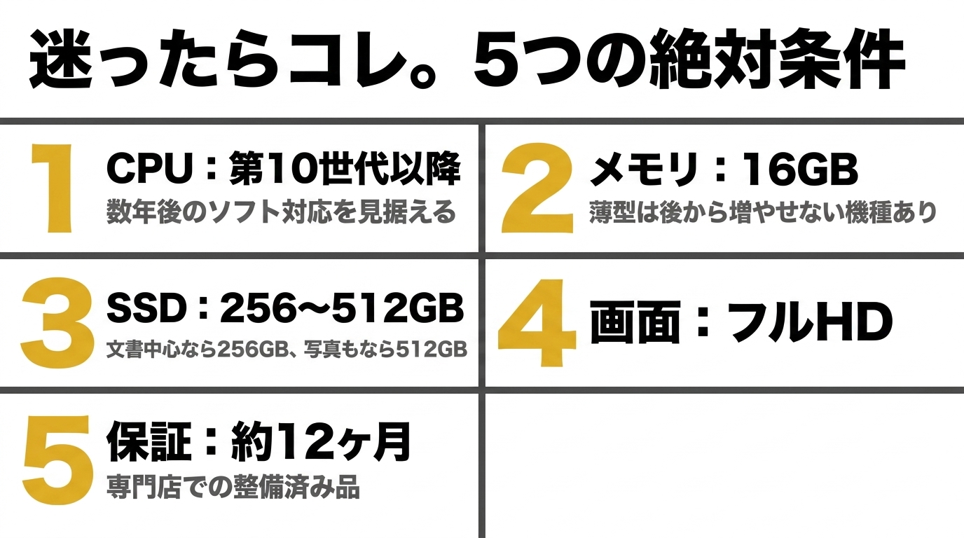CPU第10世代以降・メモリ16GB・SSD256〜512GB・フルHD・約12カ月保証という5つの絶対条件をまとめたチェックリスト