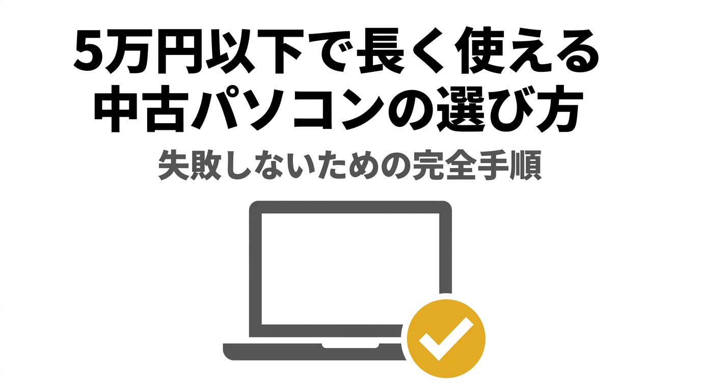 5万円以下で長く使える中古パソコンの選び方と失敗しない完全手順を示す表紙スライド