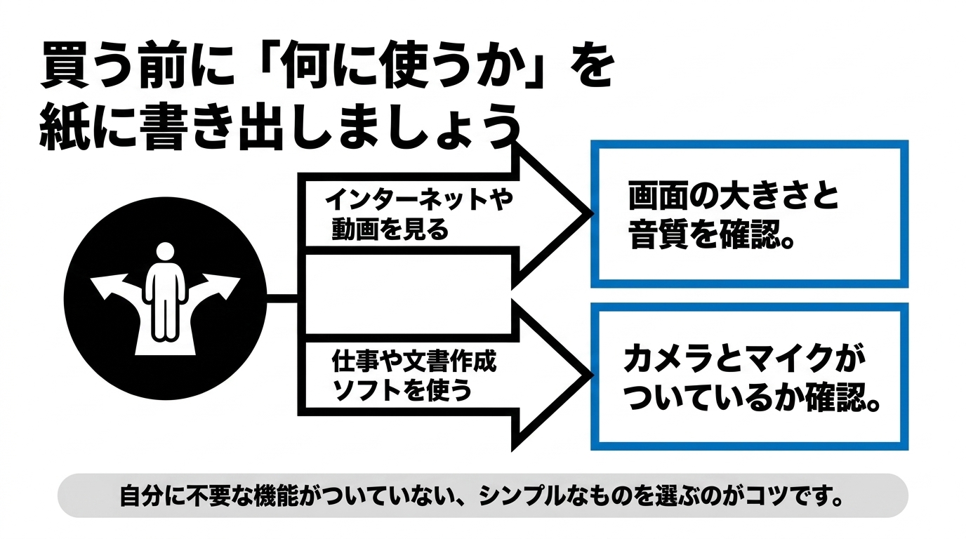 インターネット・動画視聴と文書作成など用途ごとに確認点を分ける選び方のスライド