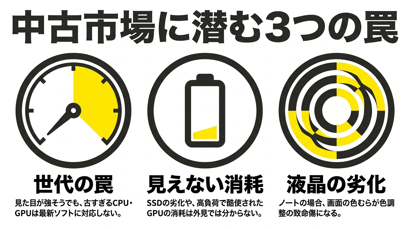 中古市場に潜む3つの罠|世代・消耗・液晶劣化 中古PC選びの3つの罠として、古いCPU・GPUの世代問題、SSDやGPUの見えない消耗、ノート液晶の色むらを説明する図解