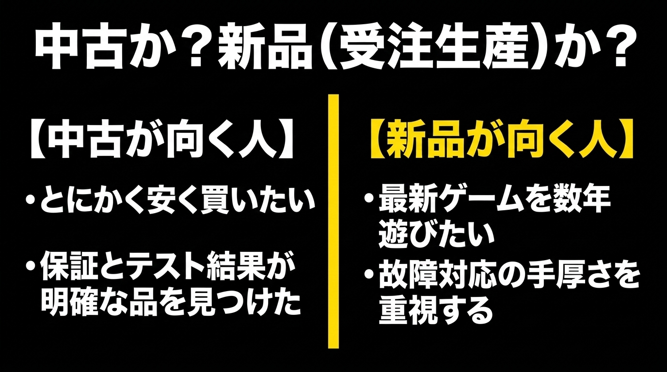 中古ゲーミングPCと新品BTOの向き不向き比較 安さや保証・テスト明確なら中古、最新ゲームを長く遊ぶ・故障対応重視なら新品が向くことを比較したスライド