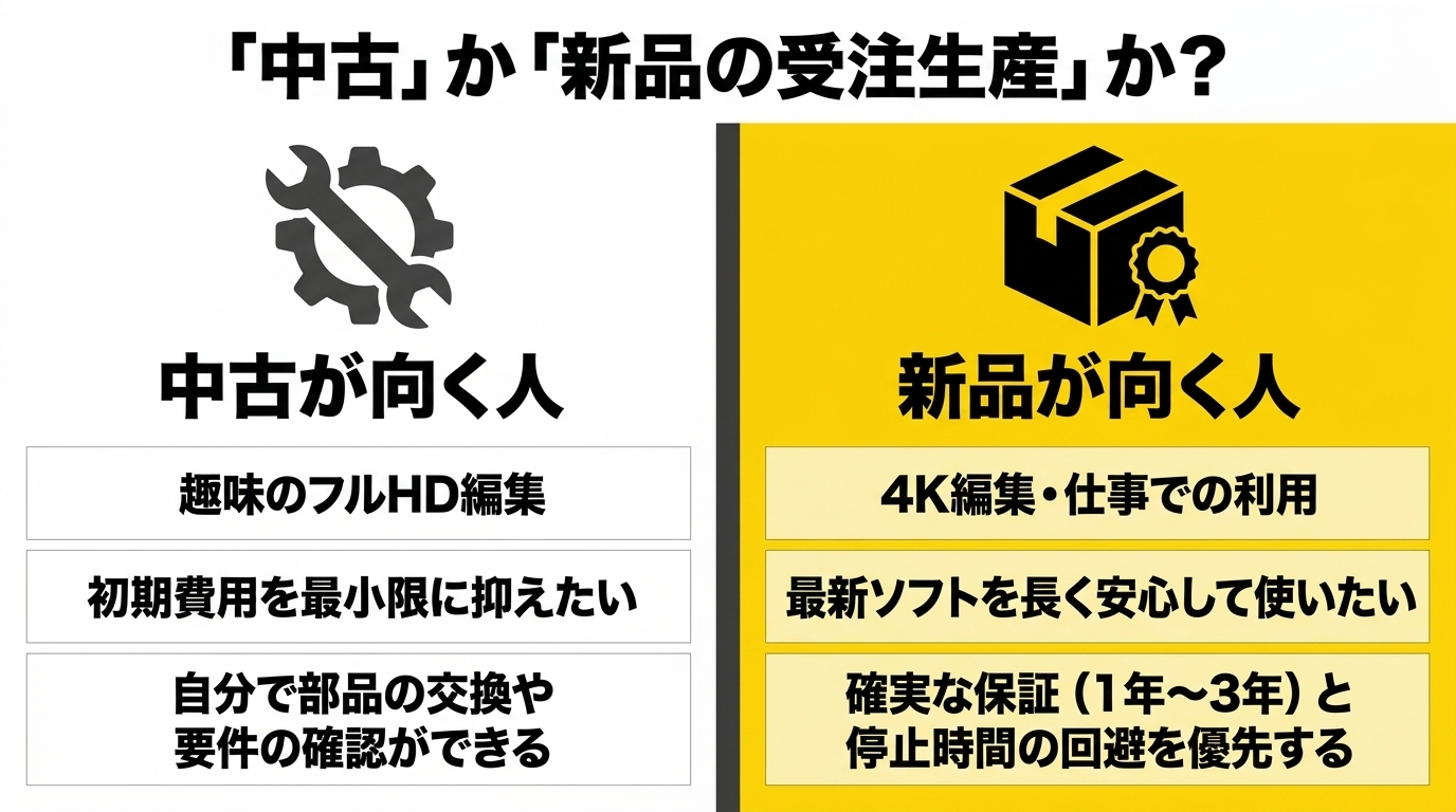 動画編集PCは中古向きか新品BTO向きかの比較 趣味のフルHDや初期費用重視なら中古、4K・仕事・長期保証重視なら新品BTOが向くことを比較したスライド