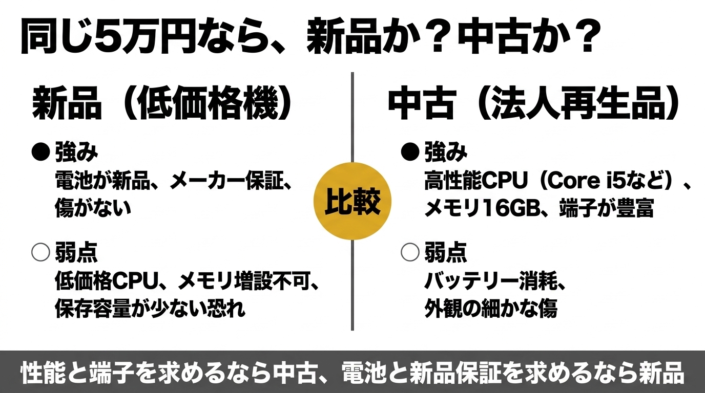同じ5万円で新品低価格機と法人再生中古の強み弱点を比較し、性能と端子なら中古・電池と新品保証なら新品と示す表