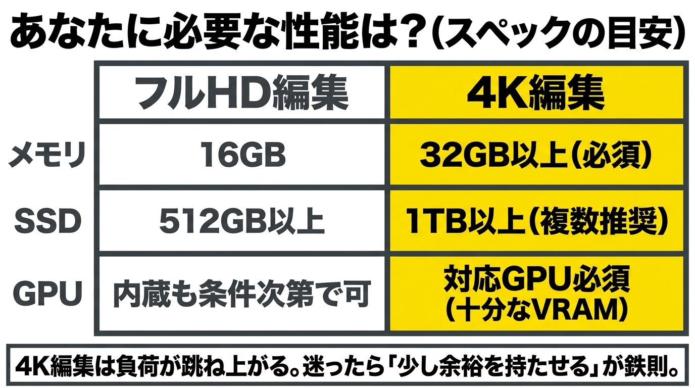 フルHDと4K編集に必要なメモリ・SSD・GPUの目安 フルHDと4K編集で必要なメモリ・SSD・GPUの目安を比較し、4Kは余裕を持たせることを示すスペック表スライド
