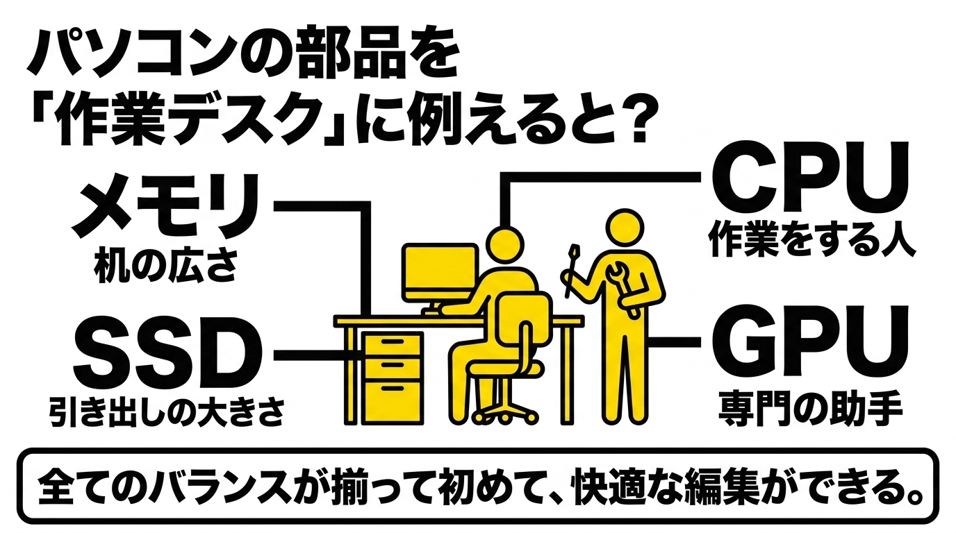 CPU・GPU・メモリ・SSDを作業デスクに例えた解説 CPUは作業する人、GPUは専門の助手、メモリは机の広さ、SSDは引き出しの大きさに例えて部品の役割を説明する図解