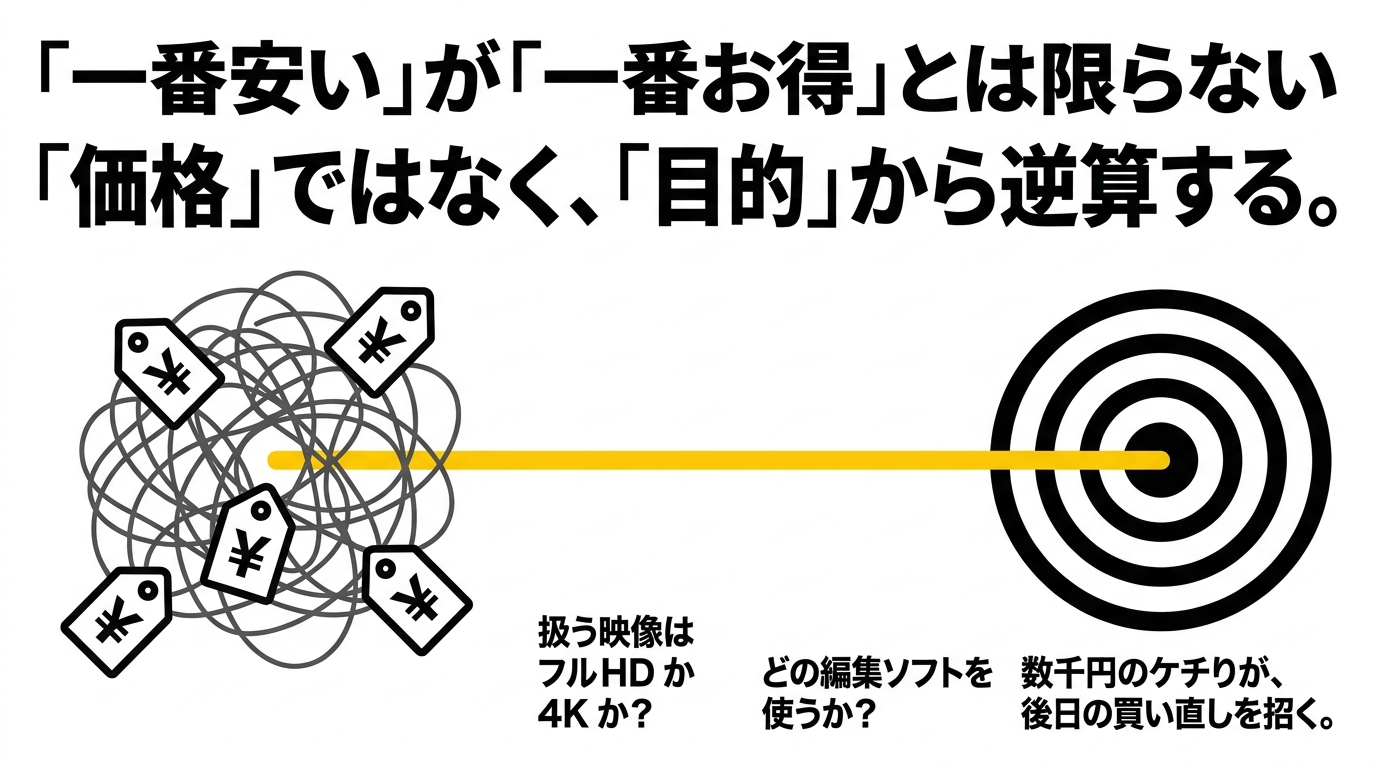 一番安くても一番お得とは限らない|目的から逆算する選び方 一番安いが一番お得とは限らず、価格ではなくフルHDか4Kか・使うソフトなど目的から逆算して選ぶことを示すスライド