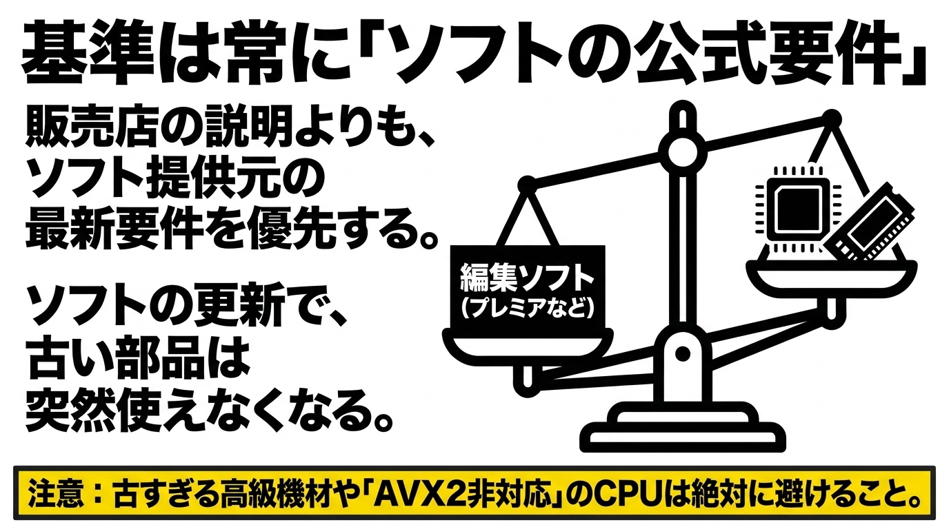 基準はソフトの公式要件|AVX2非対応CPUに注意 販売店説明より編集ソフトの公式要件を優先し、古すぎる高級機材やAVX2非対応CPUを避けるべきことを示す注意喚起スライド