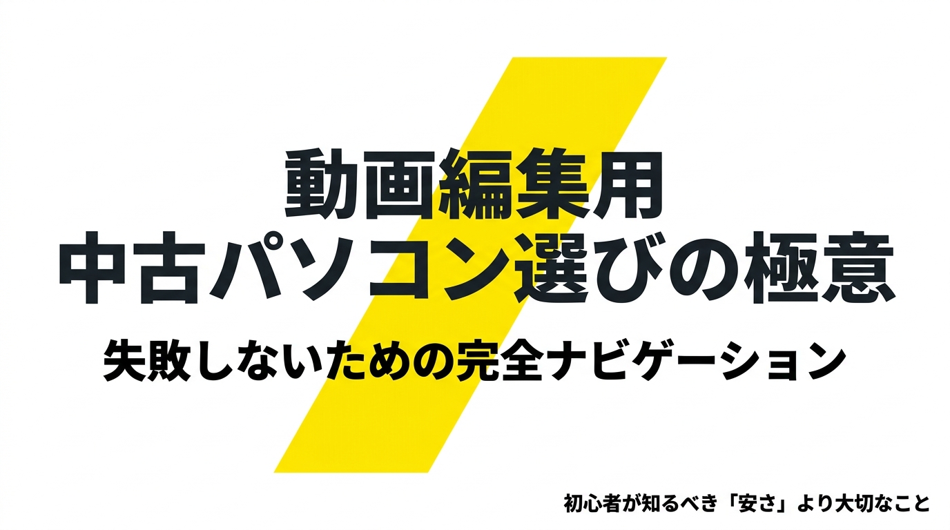 動画編集用中古パソコン選びの極意|失敗しない完全ナビ 動画編集用の中古パソコン選びの極意と、失敗しないための完全ナビゲーションを示す表紙スライド