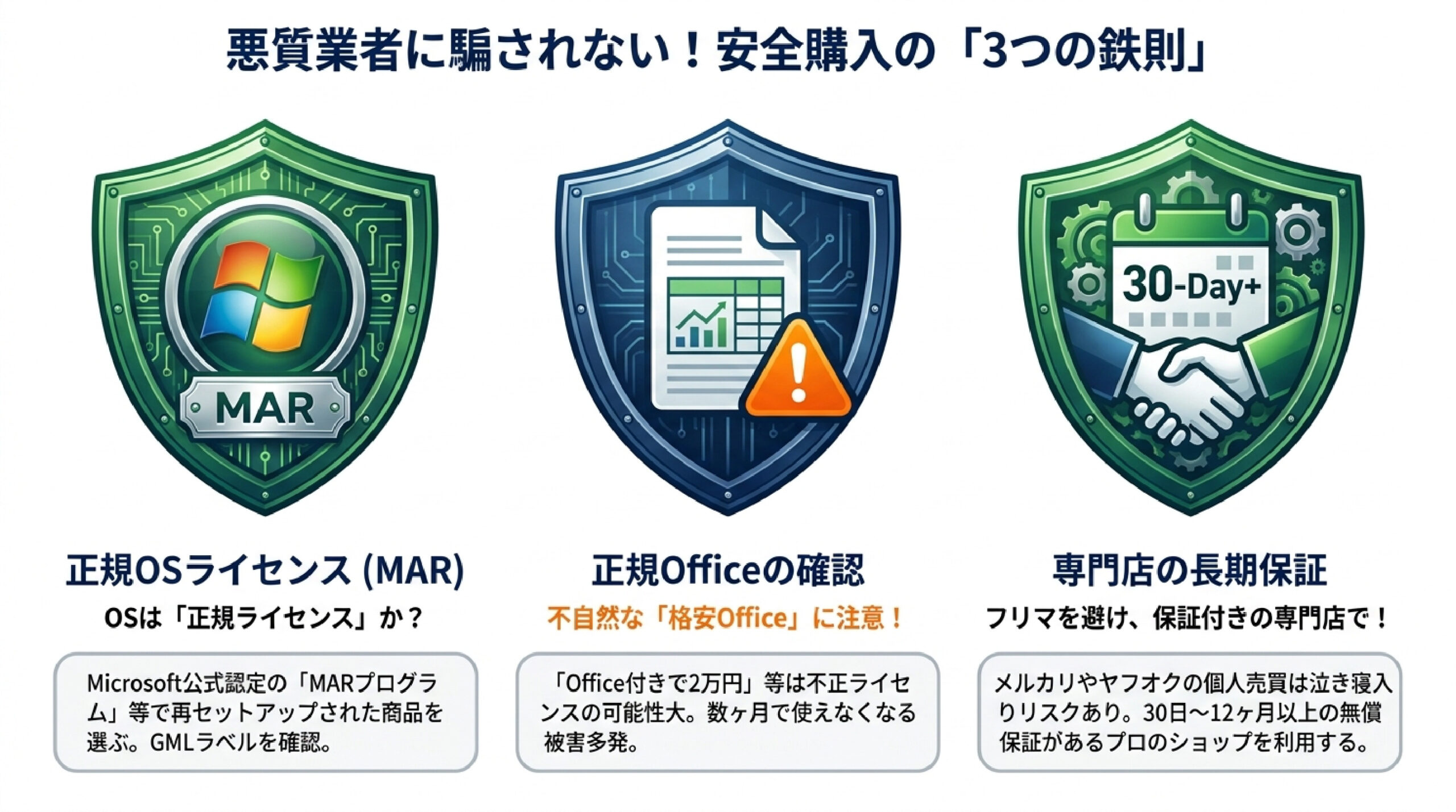 中古パソコン安全購入の3つの鉄則 正規OSライセンス・正規Office・専門店の長期保証の3つの鉄則を解説したスライド画像