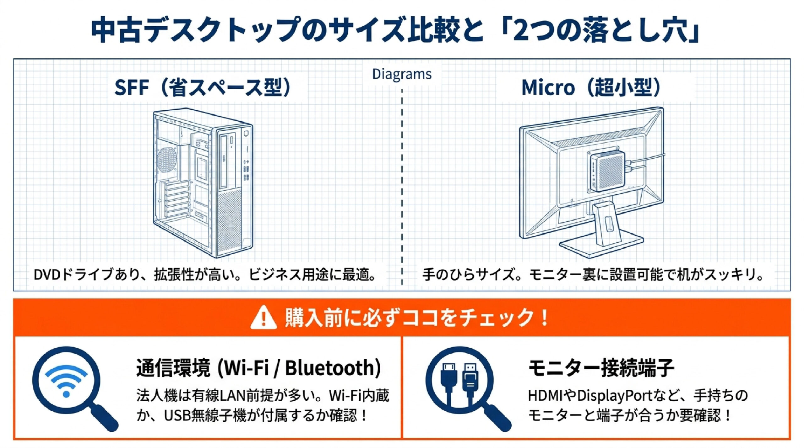中古デスクトップのサイズ比較とWi-Fi端子の確認 SFF型と超小型Micro型のサイズ比較とWi-Fi・接続端子の落とし穴を解説したスライド画像