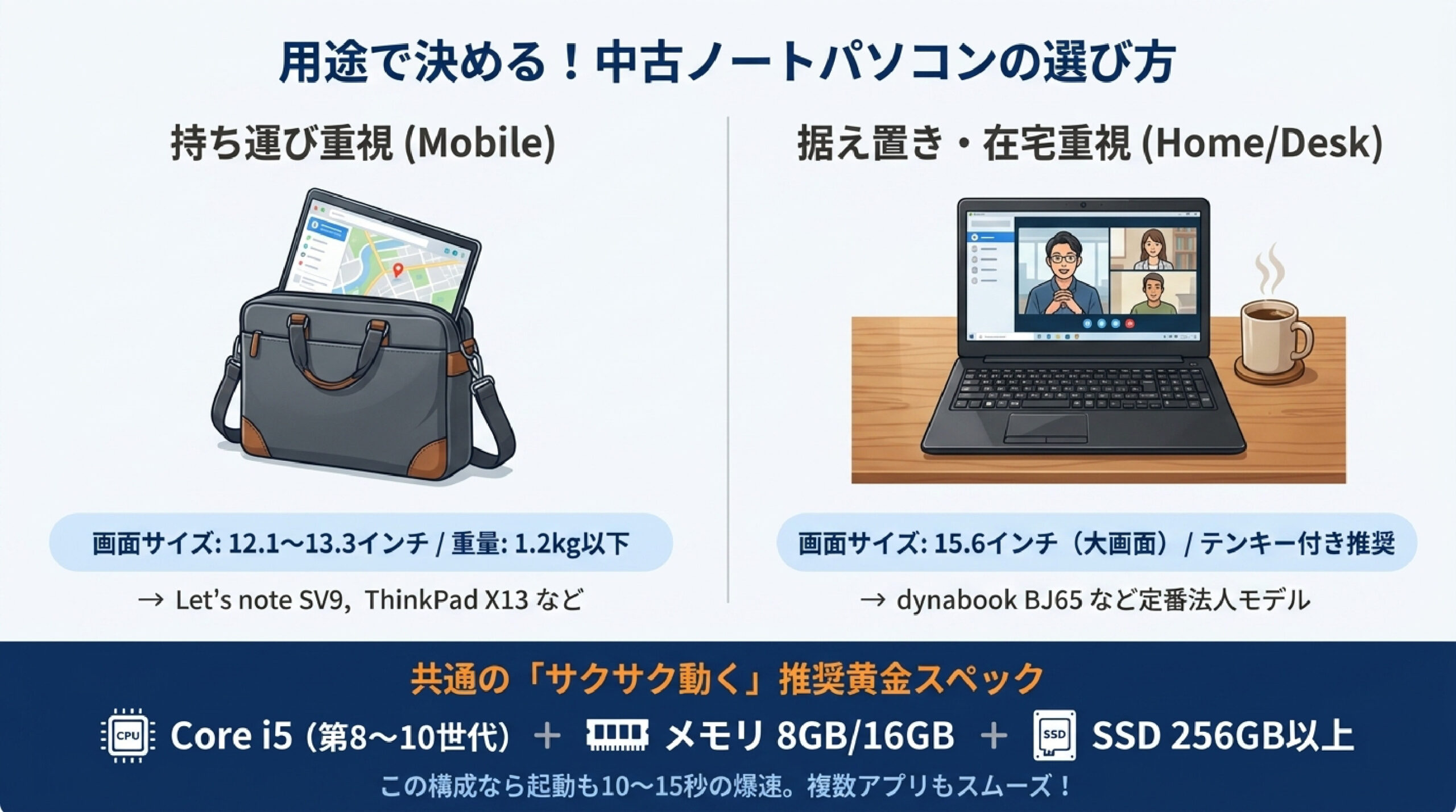 用途で決めるWindows 11中古ノートパソコンの選び方 持ち運び1.2kg以下と据え置き15.6インチ大画面の中古ノートPC選びを比較解説したスライド画像
