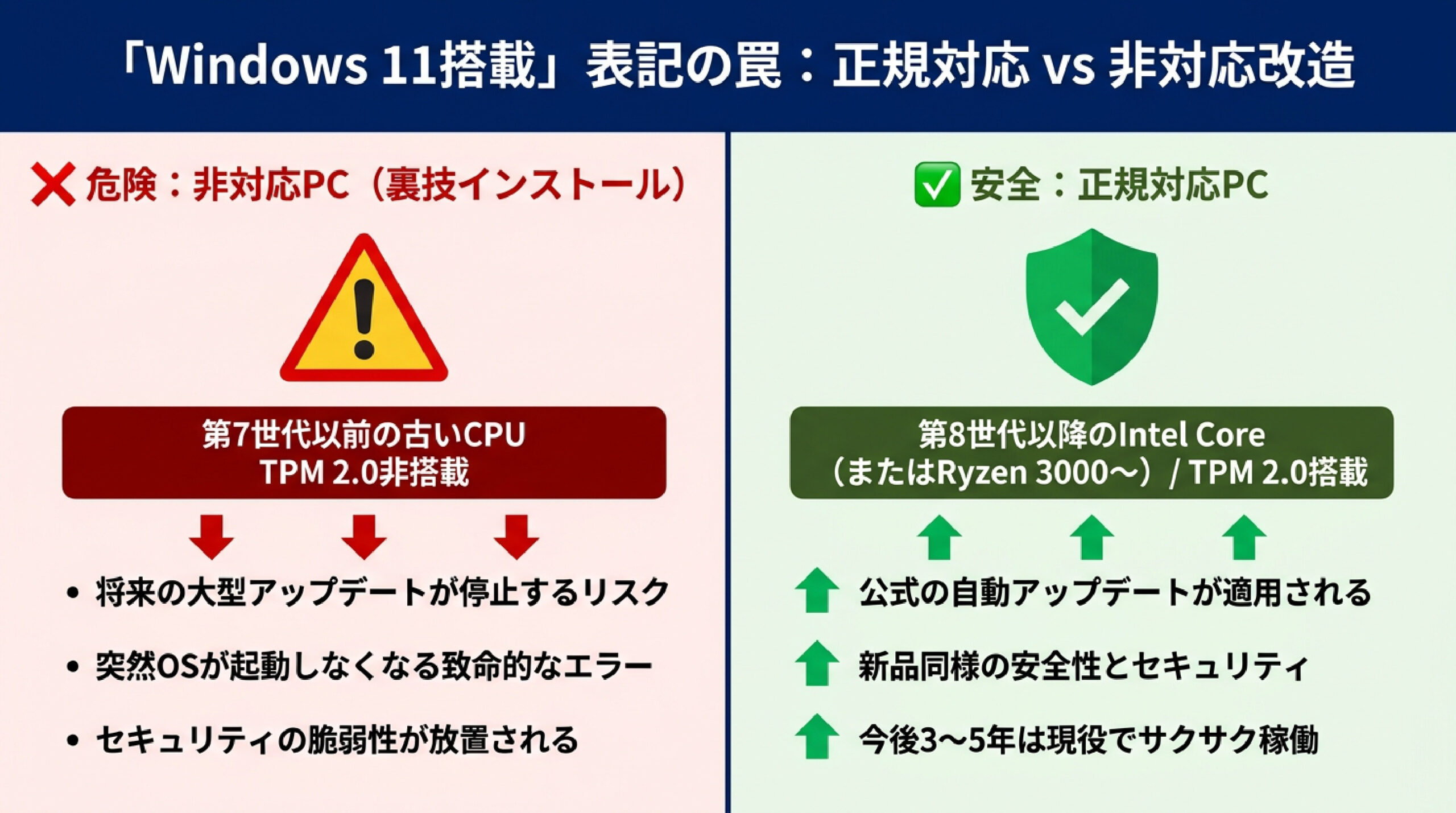 Windows 11表記の罠(正規対応vs非対応改造) 正規対応PCと非対応裏技PCのリスクと安全性を比較したスライド画像