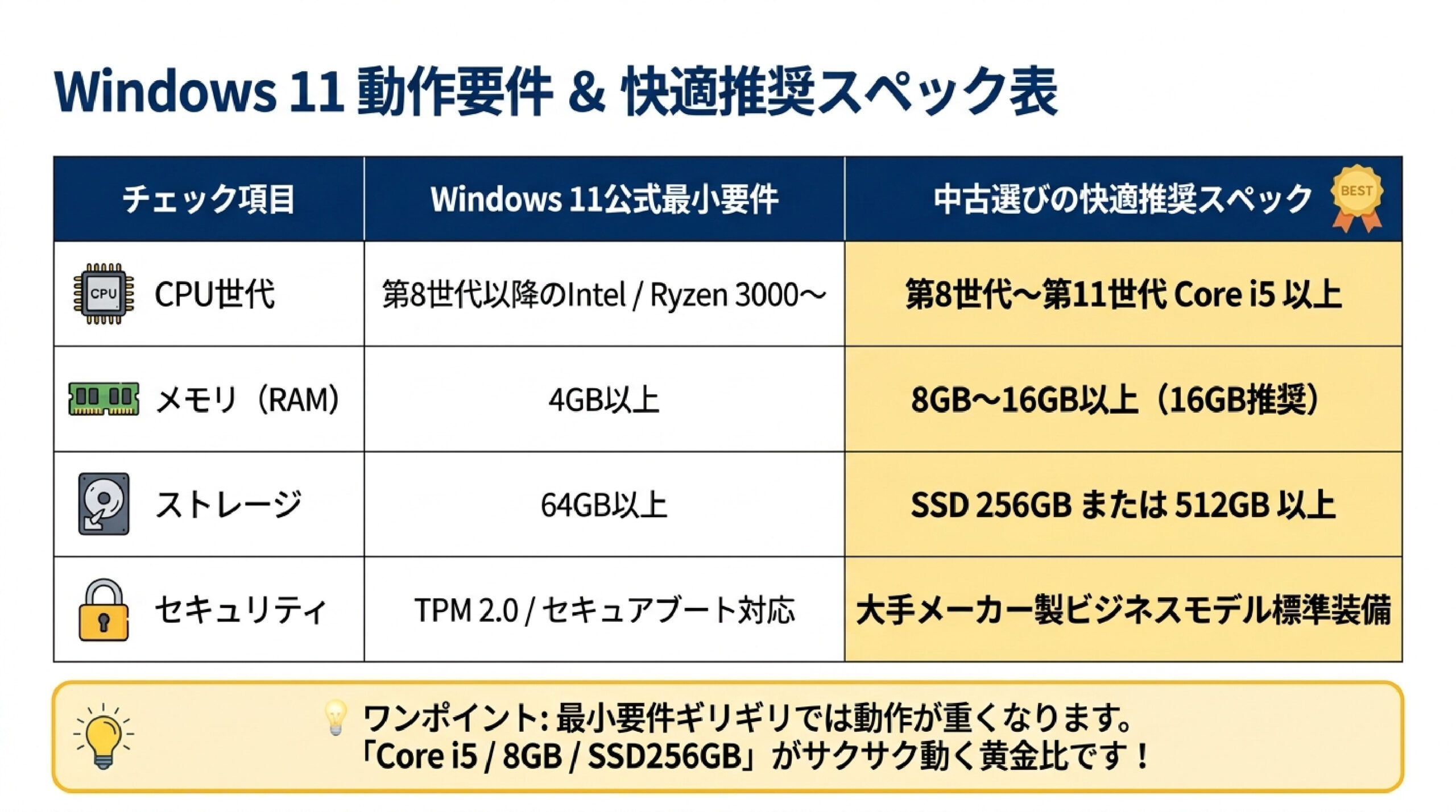 Windows 11の動作要件とおすすめ推奨スペック表 Windows11の公式要件と中古選びのおすすめ推奨スペックを表形式でまとめたスライド画像
